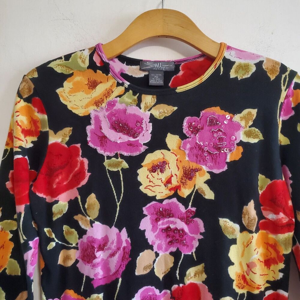 VTG SML Petite Cotton Black Floral Beaded Top Size M 90S Whimsigoth Fairy Grunge - Picture 2 of 11